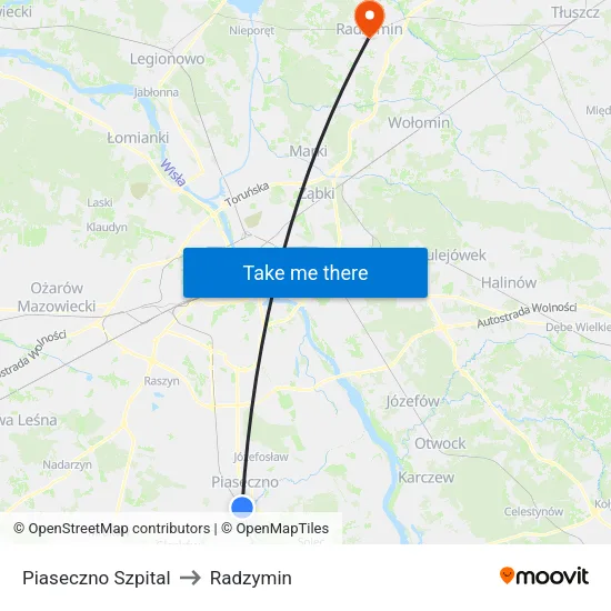 Piaseczno Szpital to Radzymin map