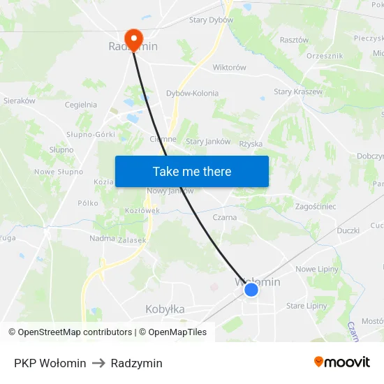 PKP Wołomin to Radzymin map