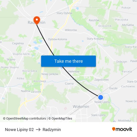 Nowe Lipiny to Radzymin map
