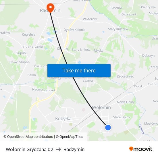 Wołomin Gryczana to Radzymin map