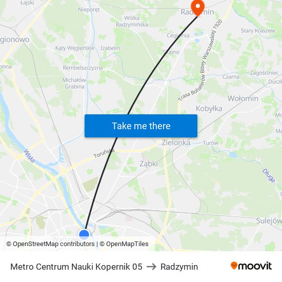 Metro Centrum Nauki Kopernik to Radzymin map