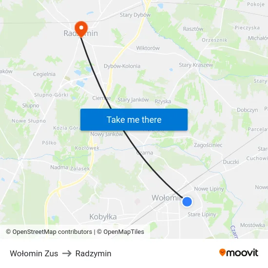 Wołomin Zus to Radzymin map