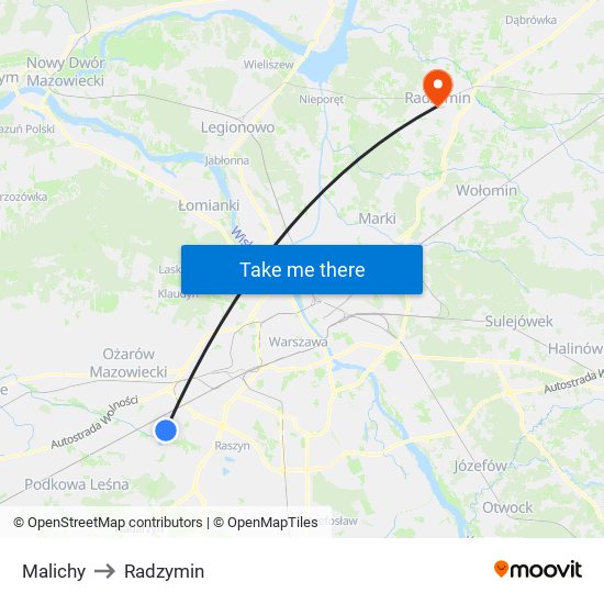 Malichy to Radzymin map