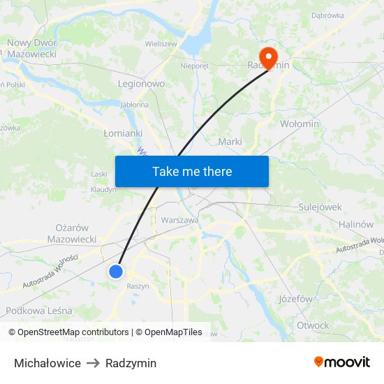 Michałowice to Radzymin map