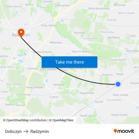 Dobczyn to Radzymin map