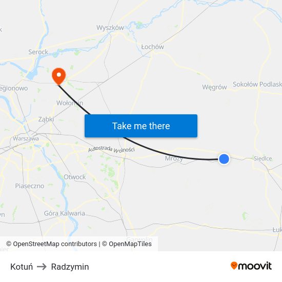 Kotuń to Radzymin map