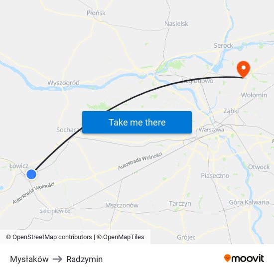 Mysłaków to Radzymin map