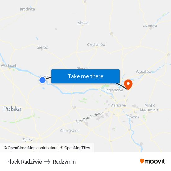 Płock Radziwie to Radzymin map