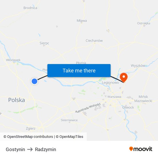 Gostynin to Radzymin map