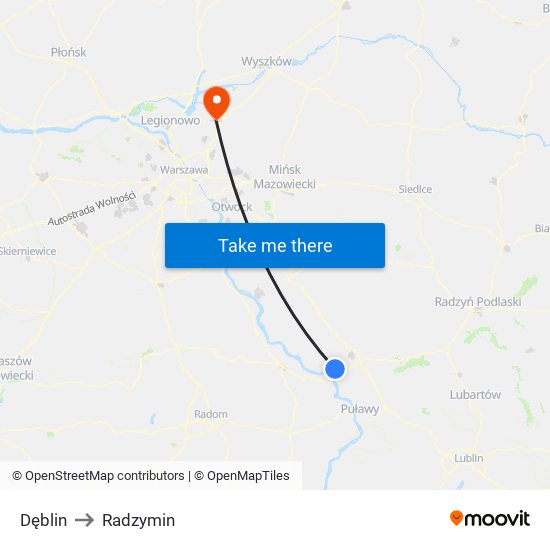 Dęblin to Radzymin map