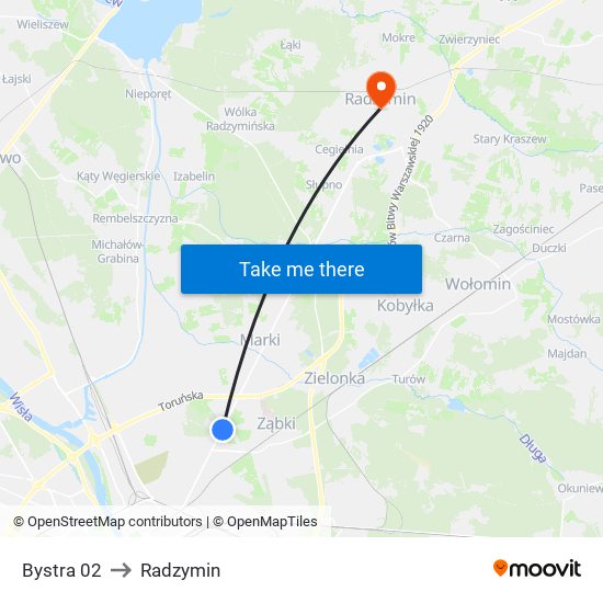 Bystra 02 to Radzymin map