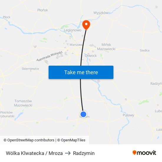 Wólka Klwatecka / Mroza to Radzymin map