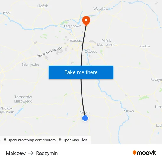 Malczew to Radzymin map