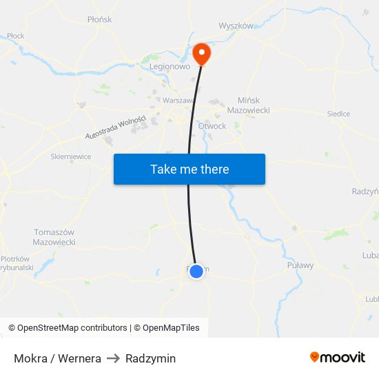 Mokra / Wernera to Radzymin map