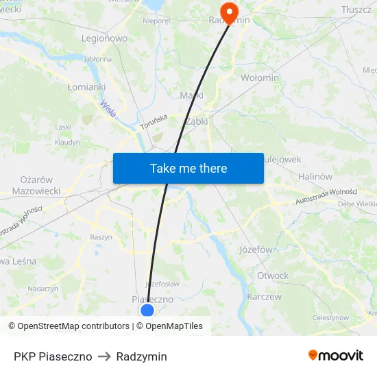 PKP Piaseczno to Radzymin map