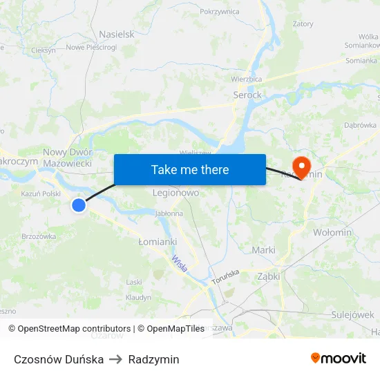 Czosnów Duńska to Radzymin map