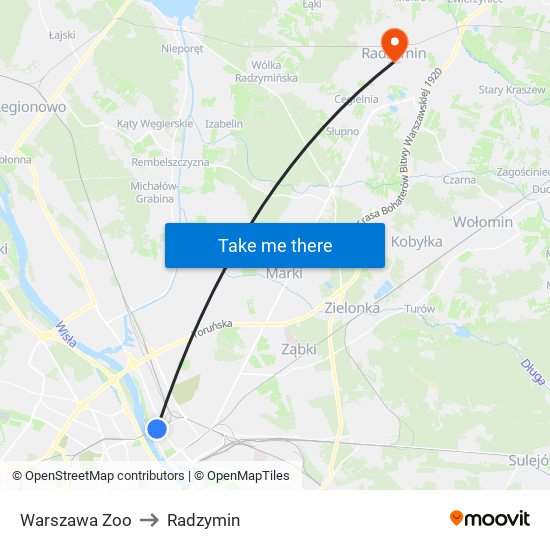 Warszawa Zoo to Radzymin map