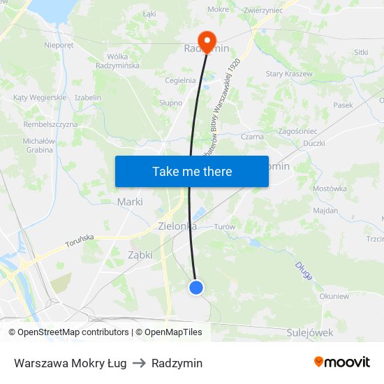 Warszawa Mokry Ług to Radzymin map