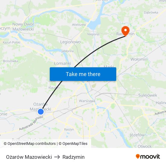 Ożarów Mazowiecki to Radzymin map