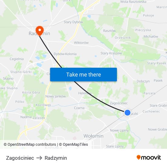 Zagościniec to Radzymin map