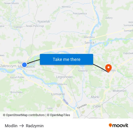 Modlin to Radzymin map