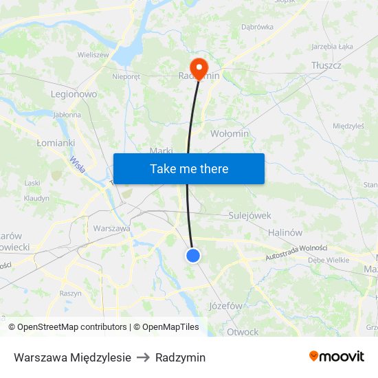 Warszawa Międzylesie to Radzymin map