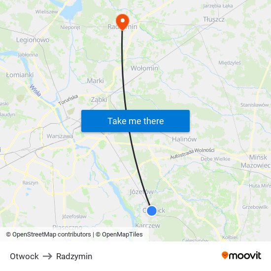 Otwock to Radzymin map