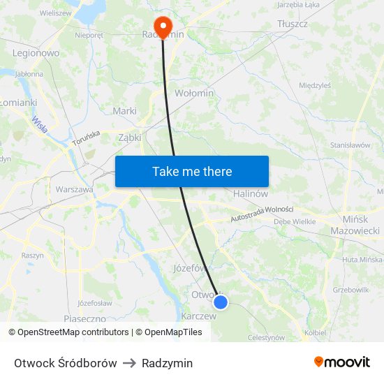 Otwock Śródborów to Radzymin map