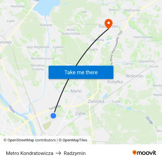 Metro Kondratowicza to Radzymin map