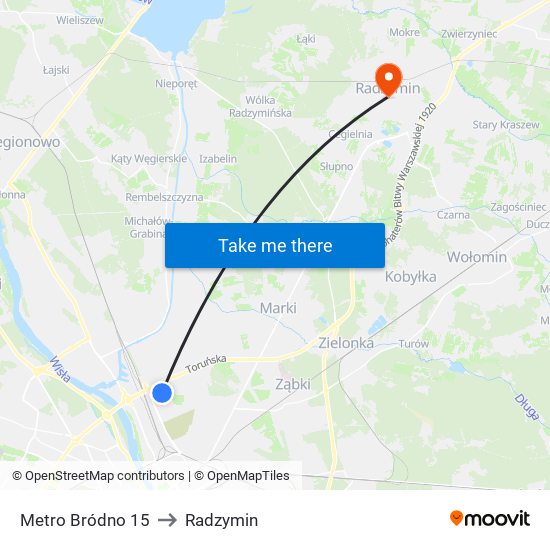 Metro Bródno 15 to Radzymin map