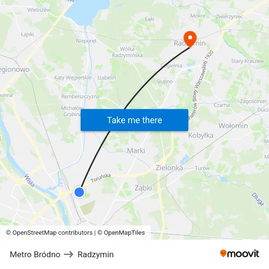 Metro Bródno to Radzymin map