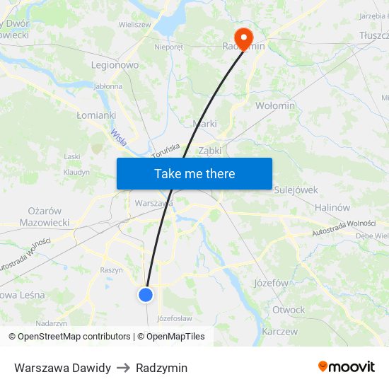 Warszawa Dawidy to Radzymin map