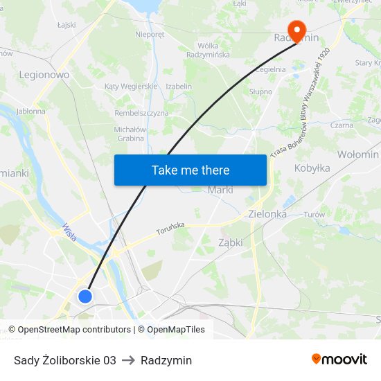 Sady Żoliborskie to Radzymin map