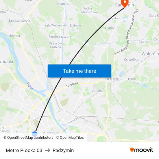 Metro Płocka to Radzymin map