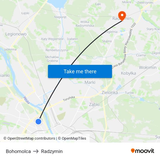 Bohomolca to Radzymin map