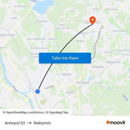 Annopol to Radzymin map