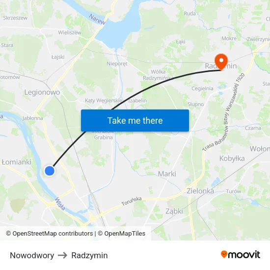 Nowodwory to Radzymin map