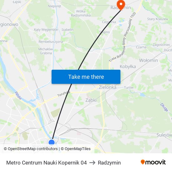 Metro Centrum Nauki Kopernik 04 to Radzymin map