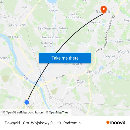 Powązki - Cm. Wojskowy 01 to Radzymin map