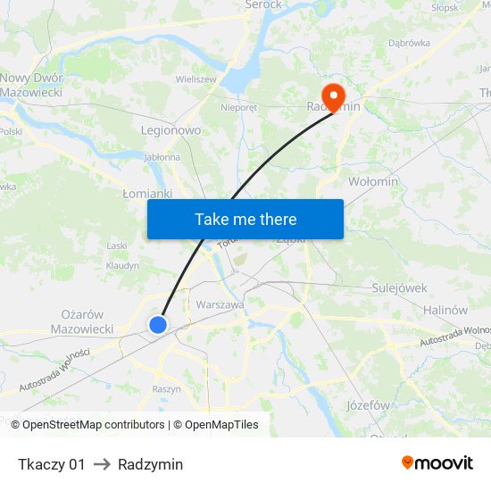 Tkaczy to Radzymin map