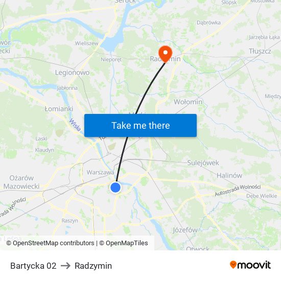 Bartycka to Radzymin map