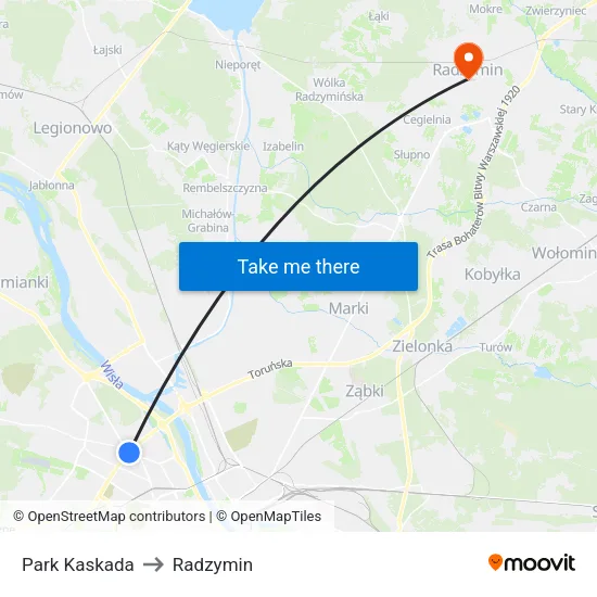 Park Kaskada to Radzymin map