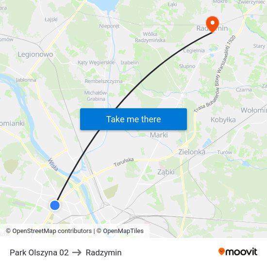 Park Olszyna to Radzymin map