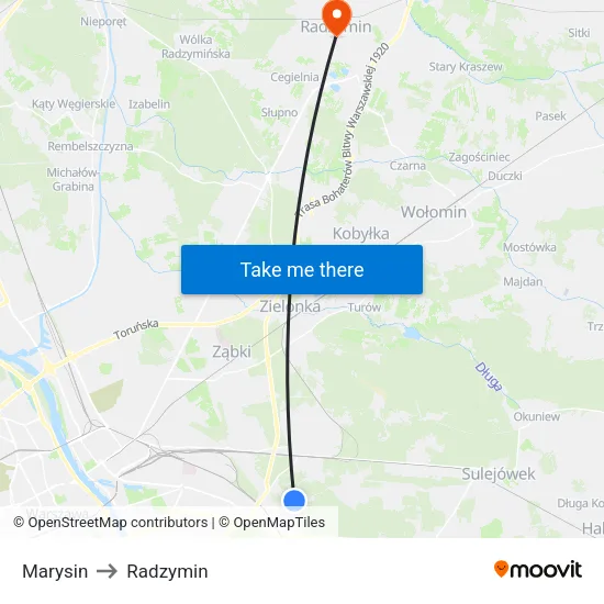 Marysin to Radzymin map
