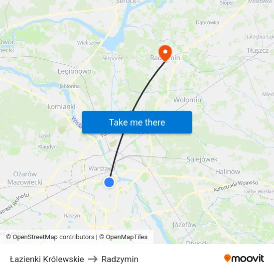 Łazienki Królewskie to Radzymin map