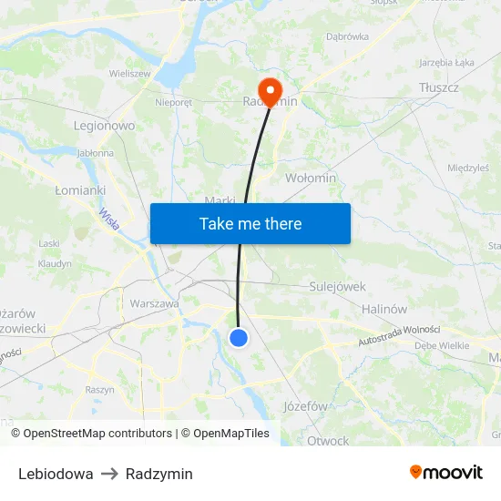 Lebiodowa to Radzymin map