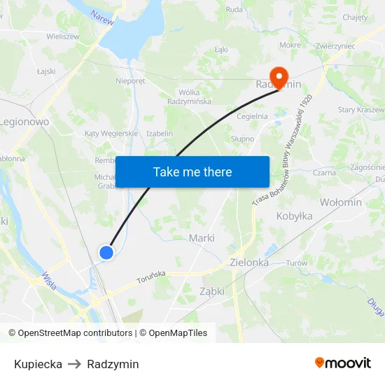 Kupiecka to Radzymin map