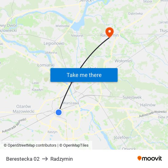 Berestecka 02 to Radzymin map