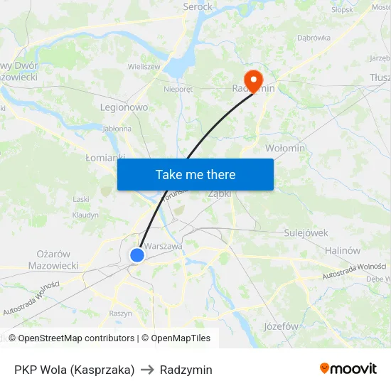 PKP Wola (Kasprzaka) to Radzymin map