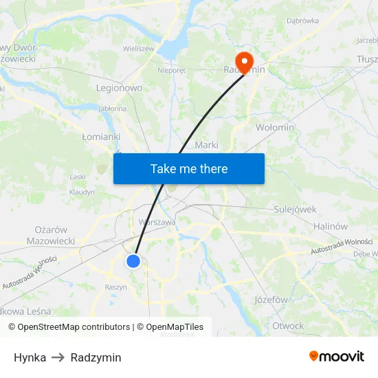 Hynka to Radzymin map